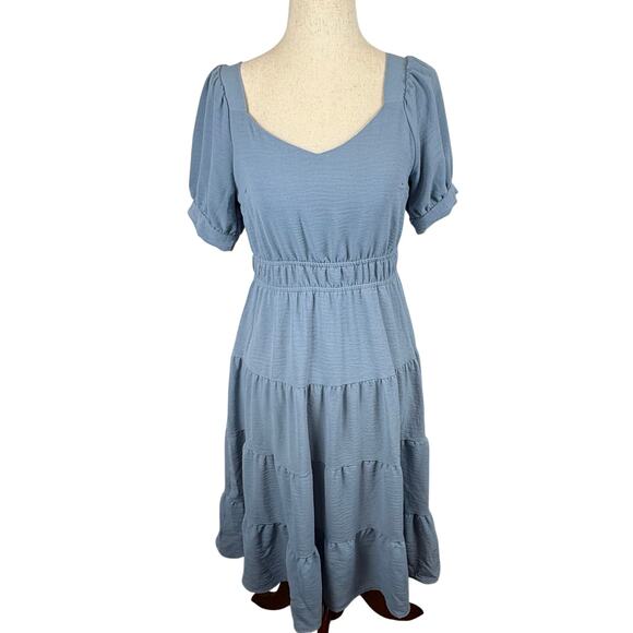 Monteau Dresses & Skirts - Monteau Blue Knee Length Dress Puff Sleeve Tiered Sweetheart Cottagecore S NWOT